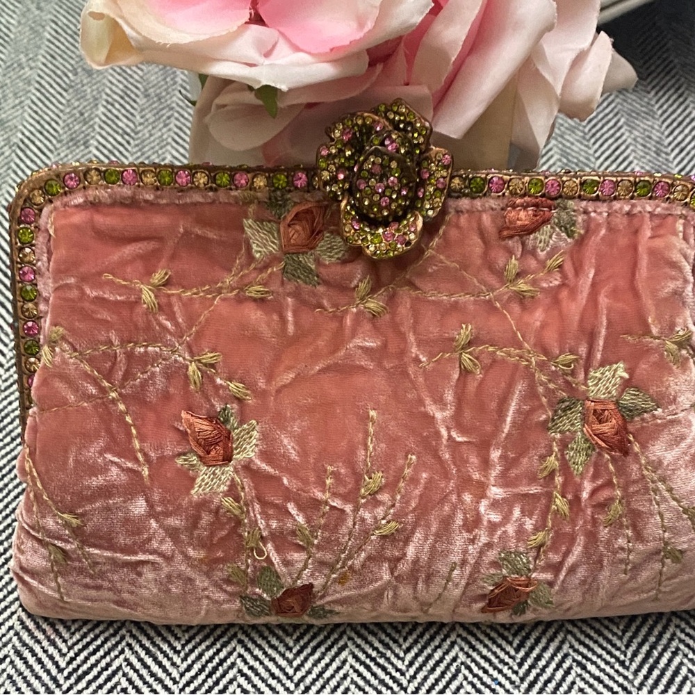 Pre❤️Clara Kasavina Vintage Pink Velvet Swarovski Crystal Rose Evening Clutch - Picture 1 of 10